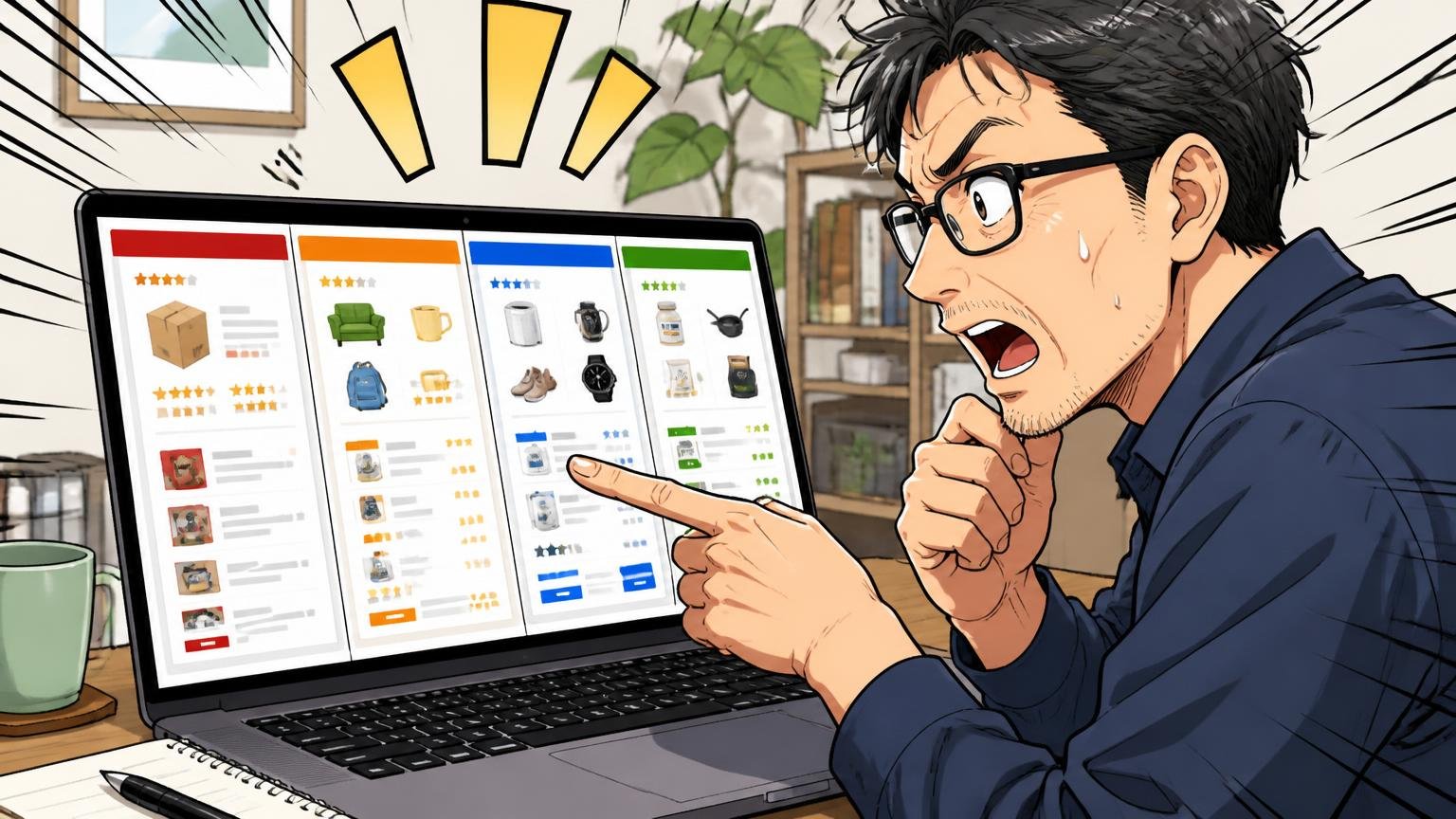 公式・楽天・Yahoo!・Amazonで何が違うか。自宅のデスクでノートPCに複数の通販サイトを並べて比較する40代男性が指で画面を示す場面