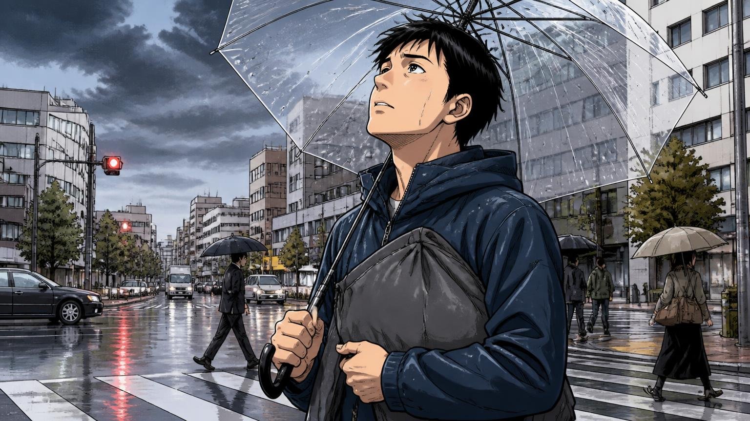 向いていない人｜堅牢さ・自立・一目で分かるロゴを最優先する人。雨の交差点で傘を持ちナイロンバッグを抱える30代男性1人が空を見上げる場面