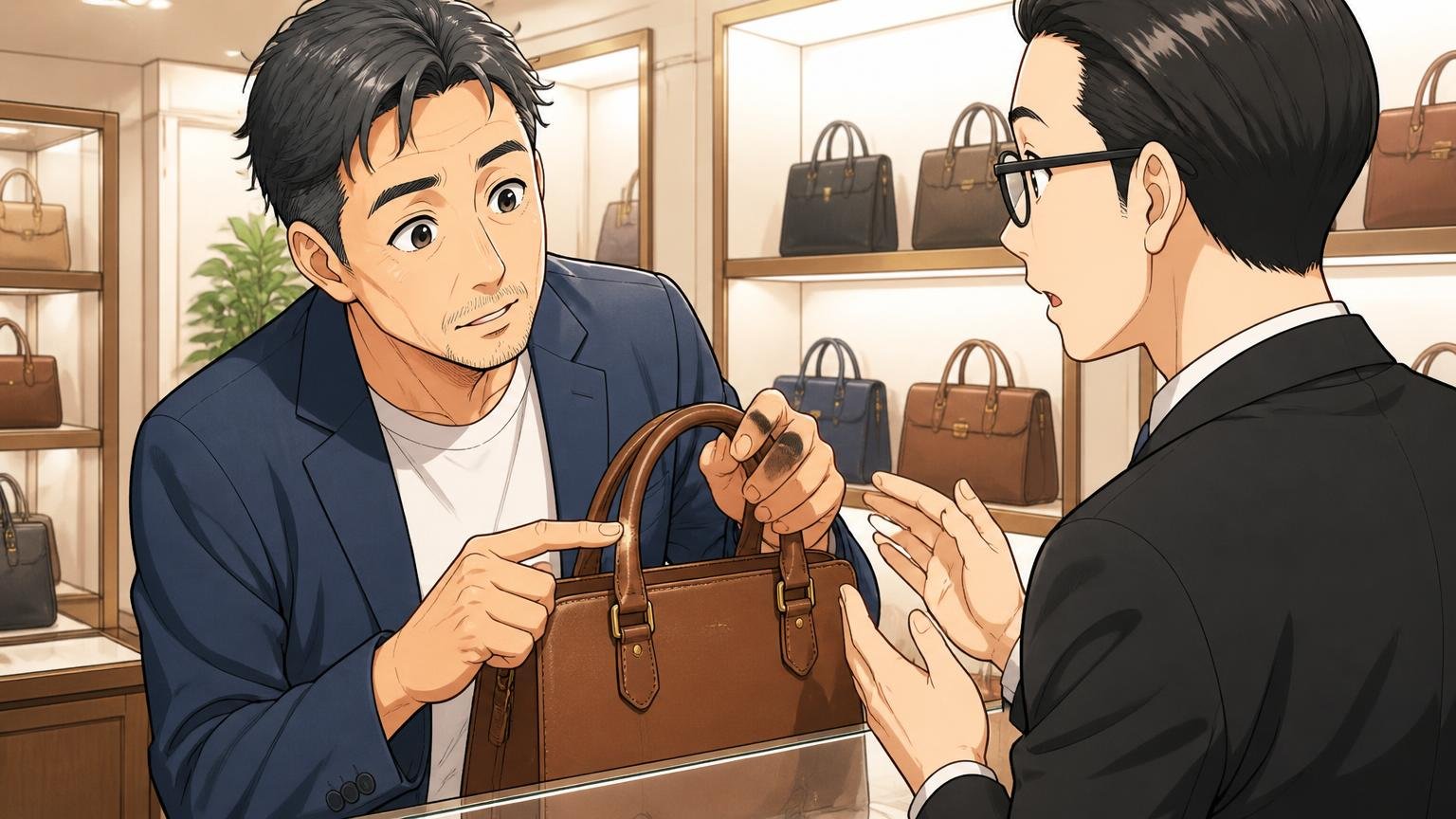 STEP2 店頭で実物を確かめ修理の窓口と期間を聞いておく。ブティックで40代男性が店員にバッグの持ち手を見せて質問する場面