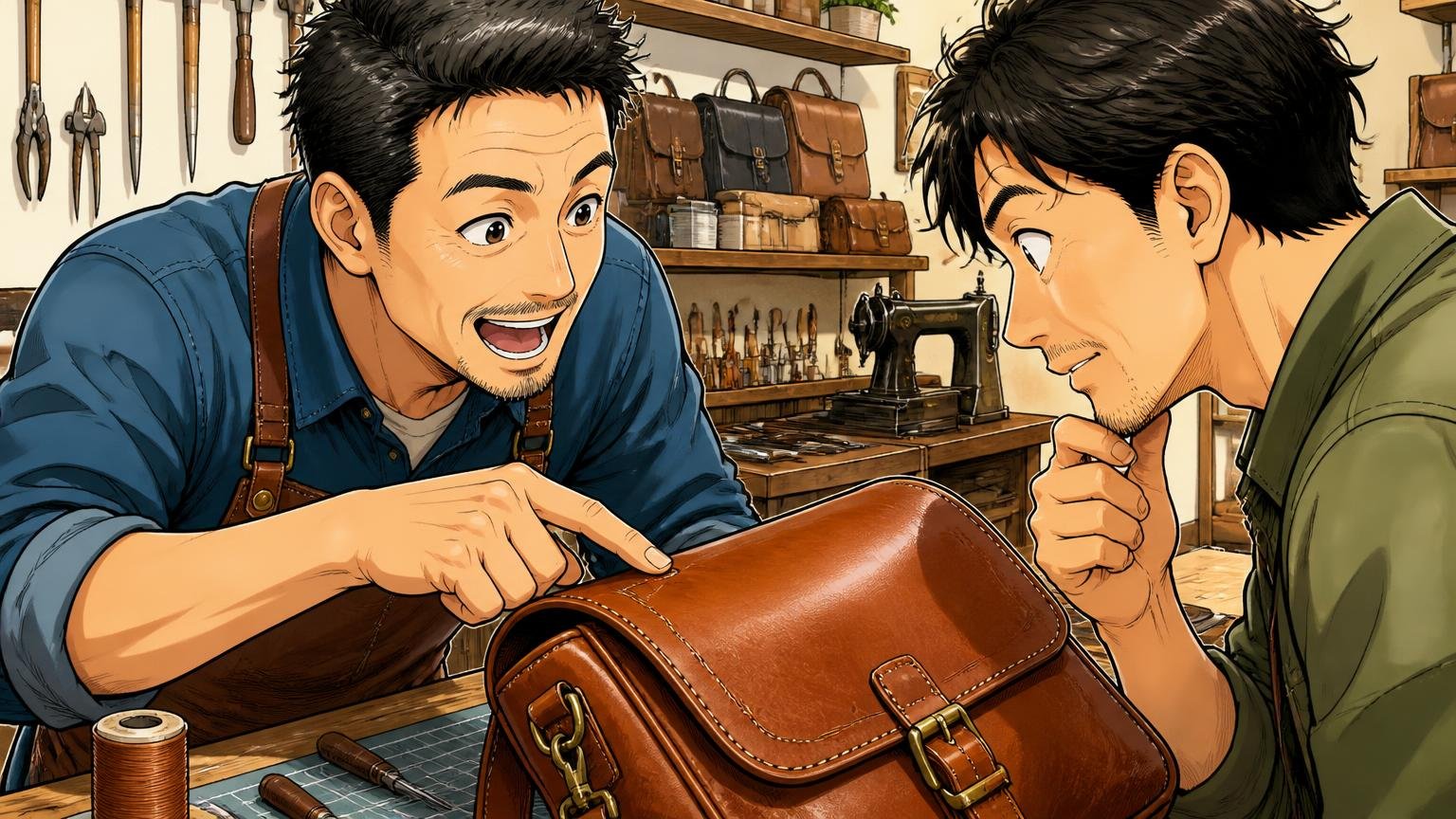 縫製・修理・保証まで見れば、10年の相棒に近づく、鞄の工房で職人が革のバッグの縫い目を指さし、40代の男性が深くうなずく場面