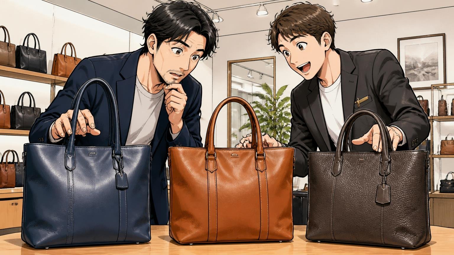 価格帯とデザインの違う日本製ブランドを並べて比べる、ショールームのテーブルに3つの革トートを並べた40代男性と店員が革の手触りを確かめ合う場面