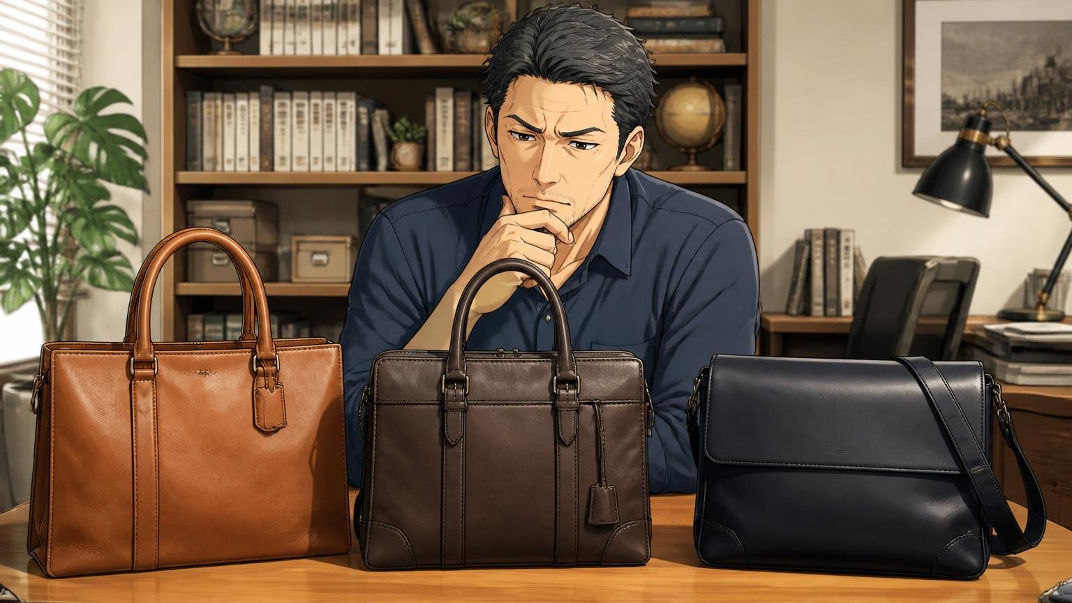 評判を調べ尽くした40代が"長く付き合う1本"として最終候補に残す、日本製の革バッグブランド3選 自宅の書斎で40代男性が3つの革バッグを並べ真剣に見比べる場面
