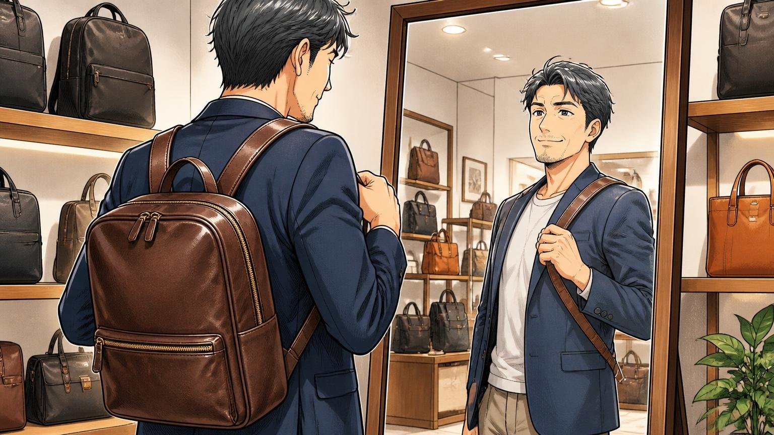 できれば直営店や取扱店で、実際に背負ってみる、取扱店の売り場で革リュックを背負って鏡を見る40代男性1人が肩紐を調整する場面