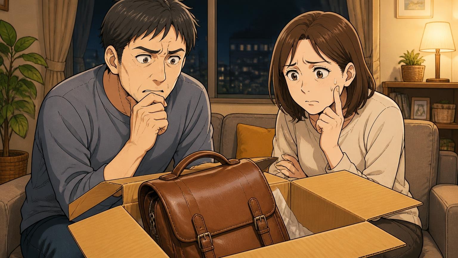 通販は「到着後1週間以内・未使用」しか返品できないと知っておく 夜のリビングで届いた革リュックの箱を前に迷う40代夫婦2人の場面