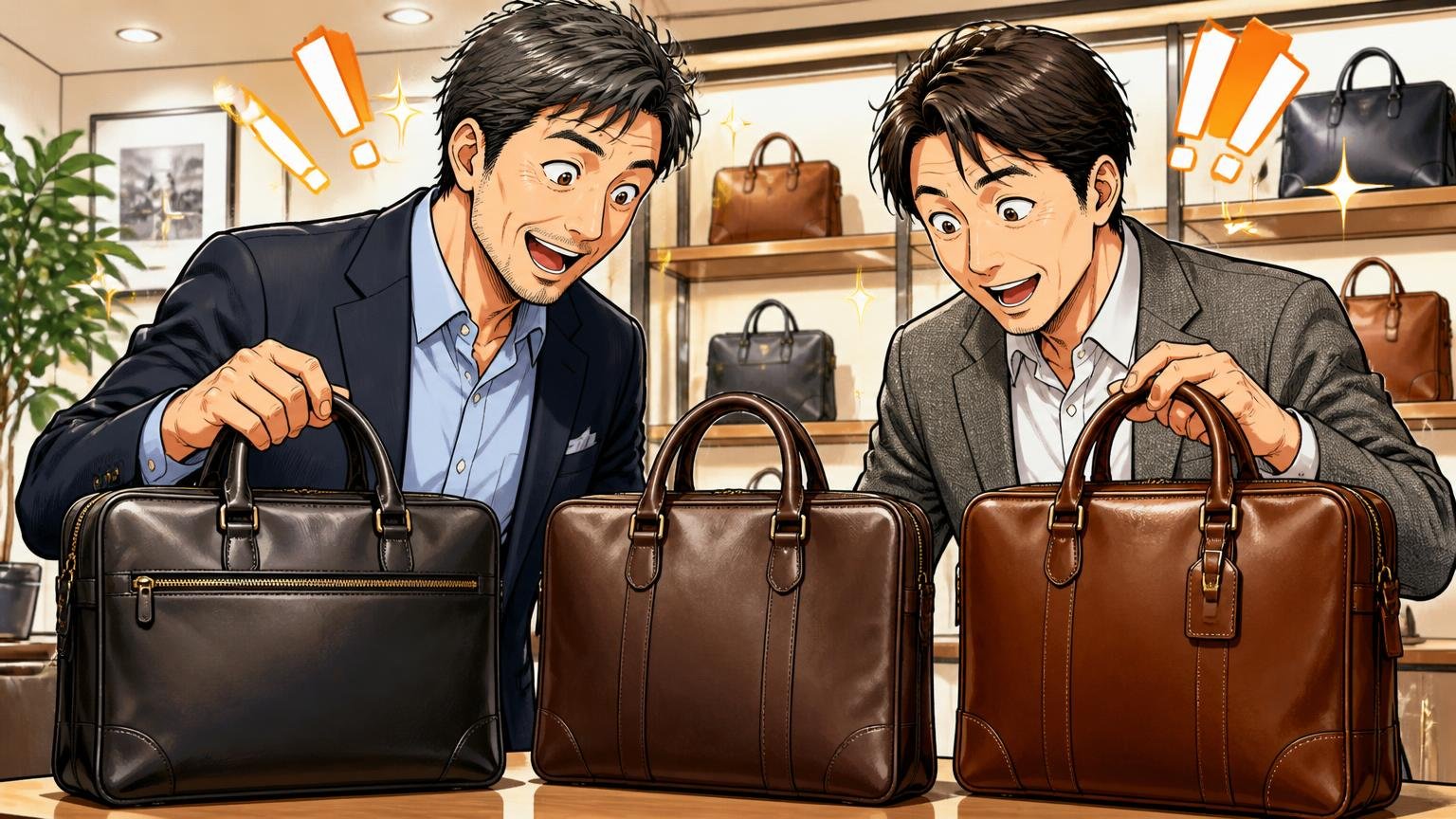 「商談でリュックは浮くかも」と感じた40代に向く日本製の革ビジネスバッグ3選、ショールームで革のビジネスバッグを見比べる40代男性2人が目を輝かせる場面