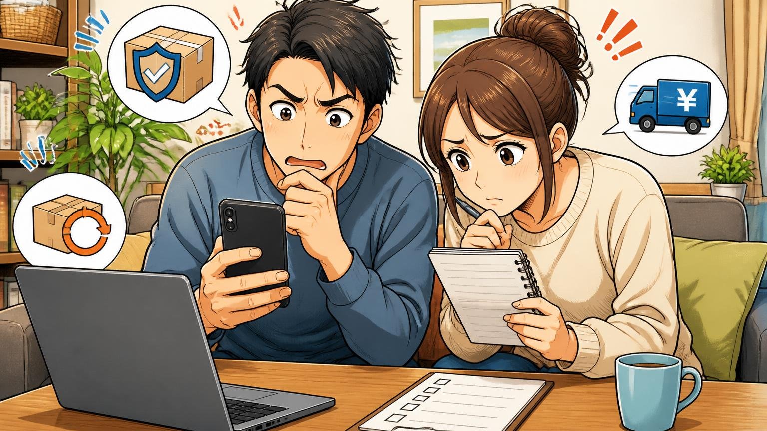 購入先ごとの保証返品送料の条件を確認する、自宅のソファでスマホとPCの画面を見比べて条件をメモする夫婦が真剣に相談する場面