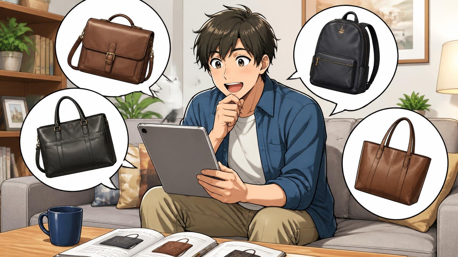 価格帯の近い日本製ブランドとも見比べる 休日の自宅のソファで男性がタブレットで複数の革バッグを見比べ、納得したように笑う場面