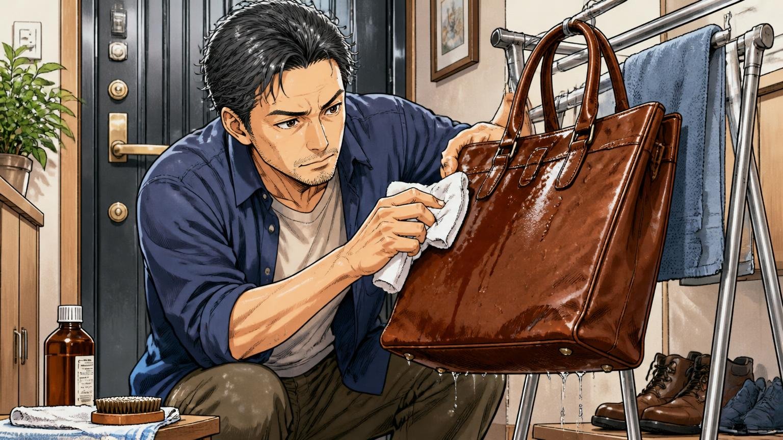 雨と型崩れは「最初の1か月」の扱いで差がつく、自宅の玄関で濡れた革バッグを陰干ししながら丁寧に拭く40代男性1人