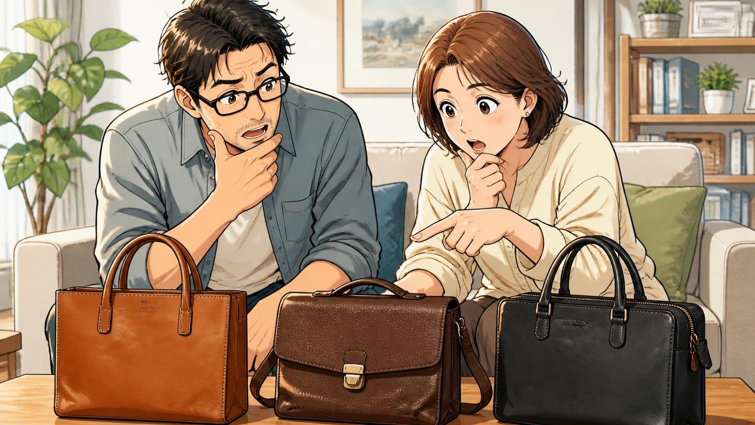 予算と用途で選び直したい40代へ|評判を調べた人が最終候補に並べたい日本製の革バッグブランド3選、自宅のリビングで革バッグを見比べる40代夫婦2人