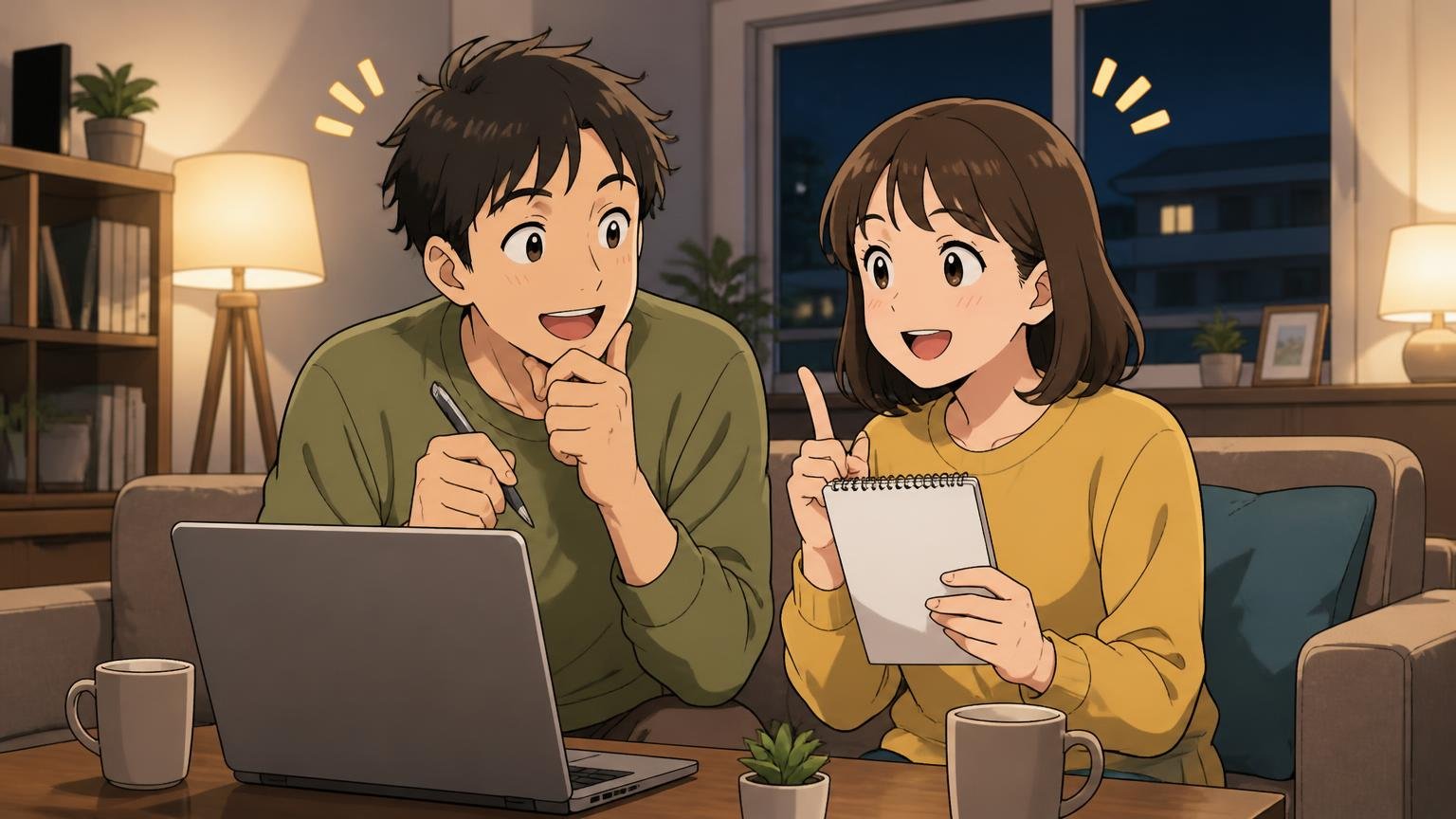 買う前に公式サイトで確認したい5つのチェック項目、夜のリビングでメモを手に頷き合う夫婦2人
