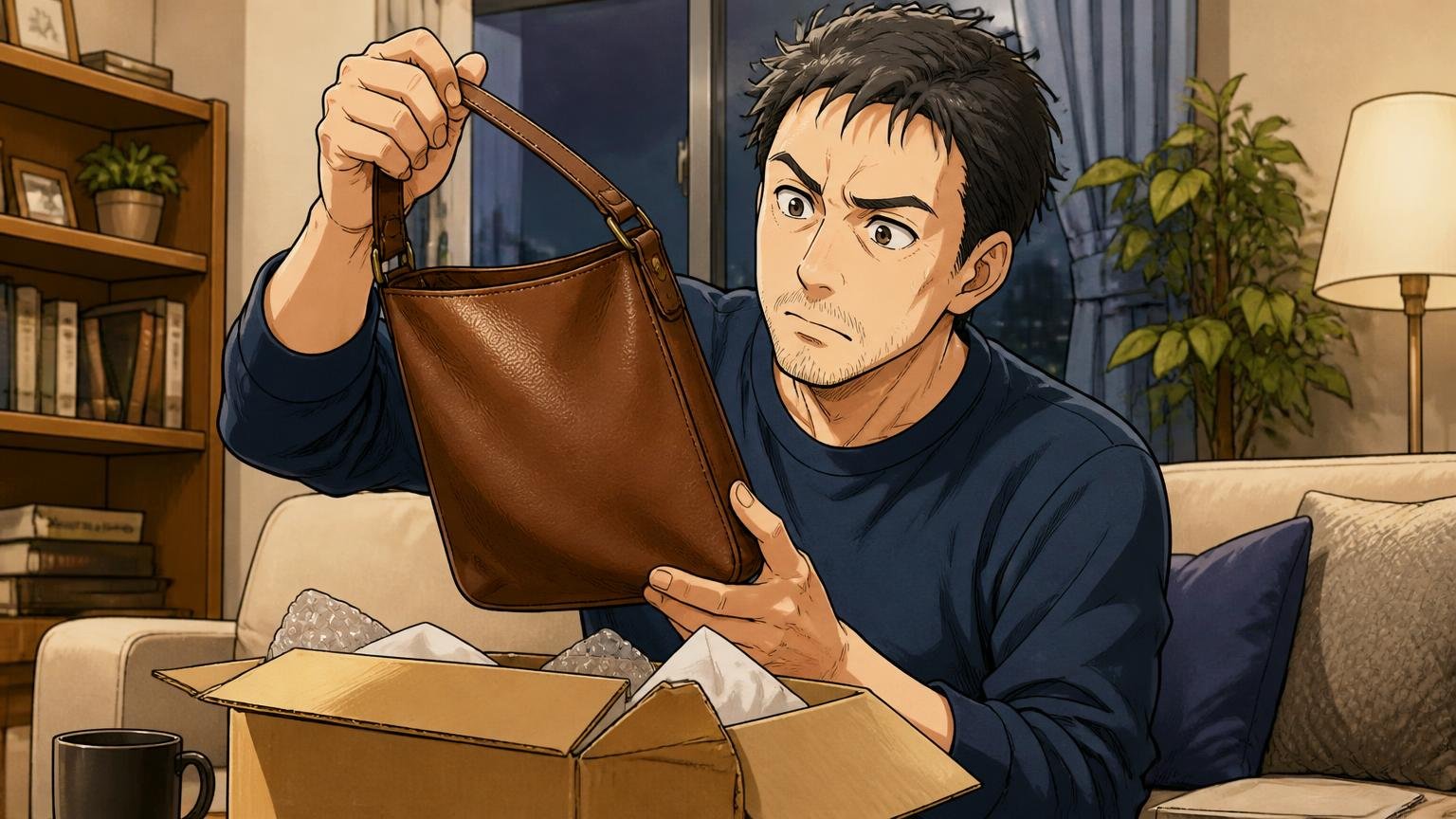 返品・交換・送料の条件：通販で買う前に。夜のリビングで届いた箱を開け、革のバッグの色を照明にかざして確かめる40代男性1人