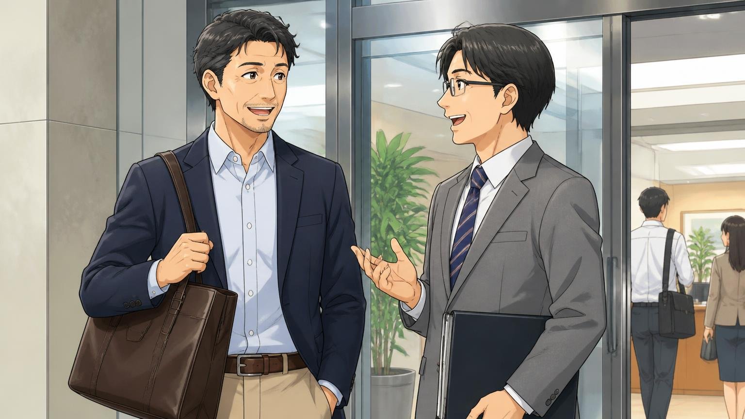 40代が持っても浮かない?年齢層の印象 オフィスの入口で落ち着いた色の革バッグを持って同僚と談笑する40代男性と同僚の2人