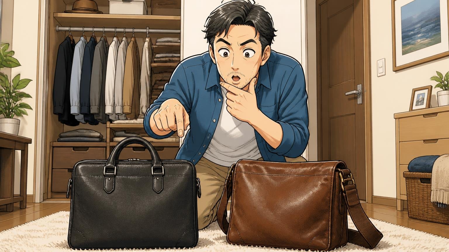 通勤・出張・休日のどれで使うかで革を選ぶ 自宅のクローゼットの前で通勤用と休日用の革のバッグを並べる40代男性1人が指さして考える場面