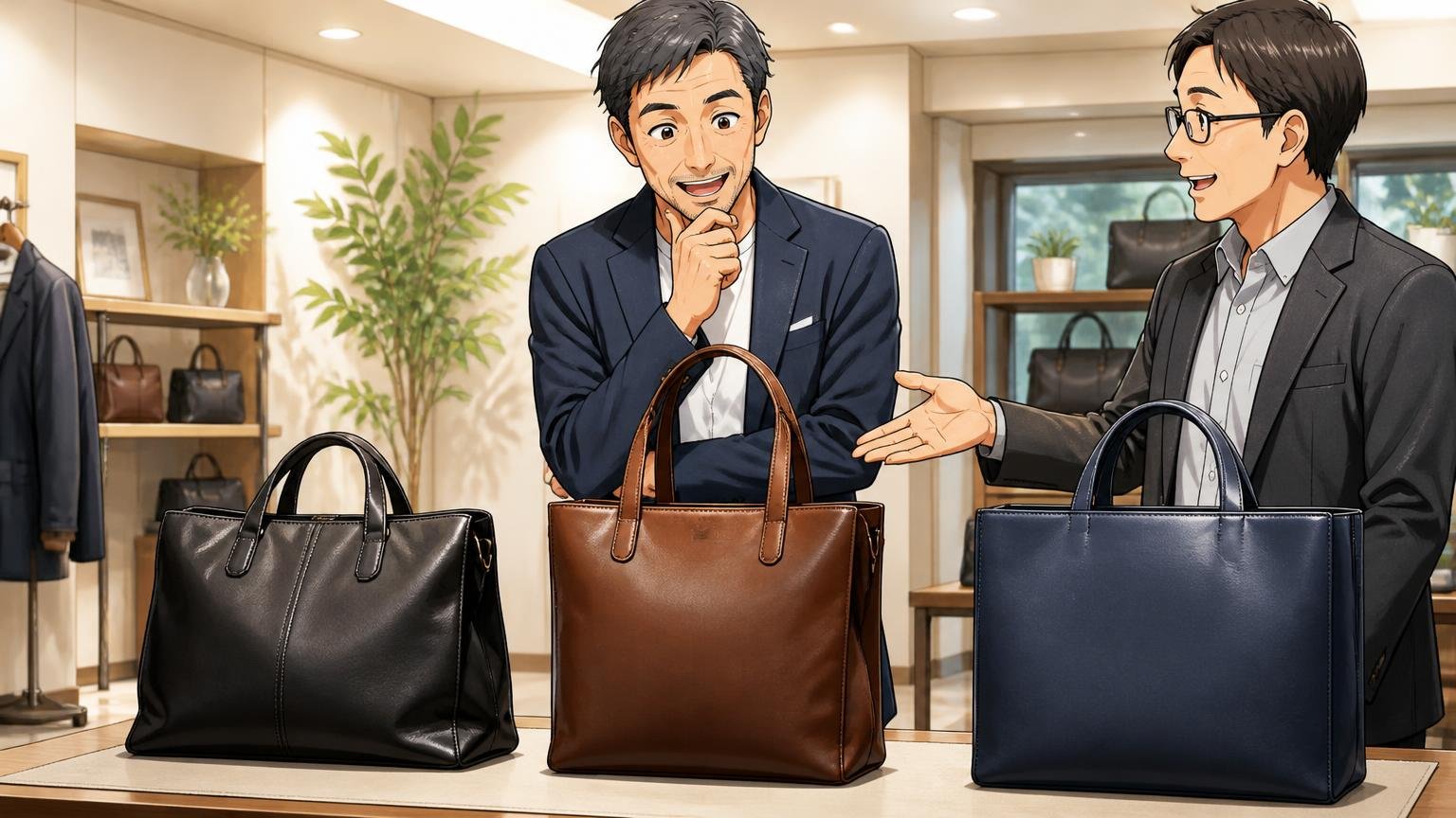 ロゴを卒業したい40代が次に候補にしたい、日本製の革バッグブランド3選。ショールームで40代男性1人が3つの無地の革バッグを前に、店員と笑顔で選ぶ場面