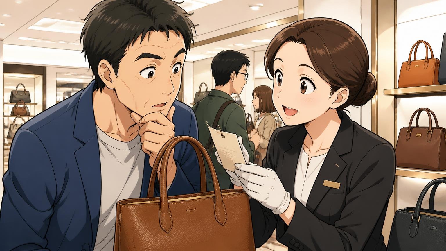 判断軸③素材は本革か、表示はどうなっているか 百貨店の売り場で革のバッグの下げ札の素材表示を店員と一緒に確かめる男性客と店員の2人