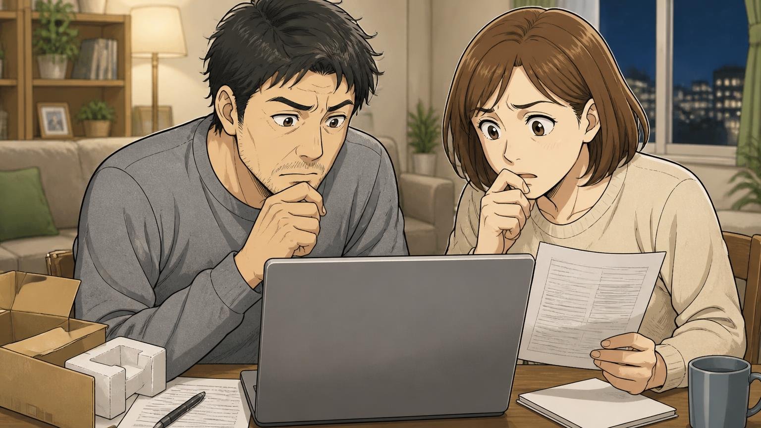 返品・送料・修理の条件を確認。夜のリビングでパソコンの購入規約を読み込む40代男性と30代女性の2人