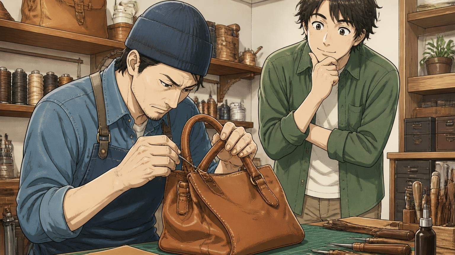 10年単位で修理しながら使い続けたい人。工房の作業台で職人がバッグの持ち手を縫い直す様子を見守る男性1人