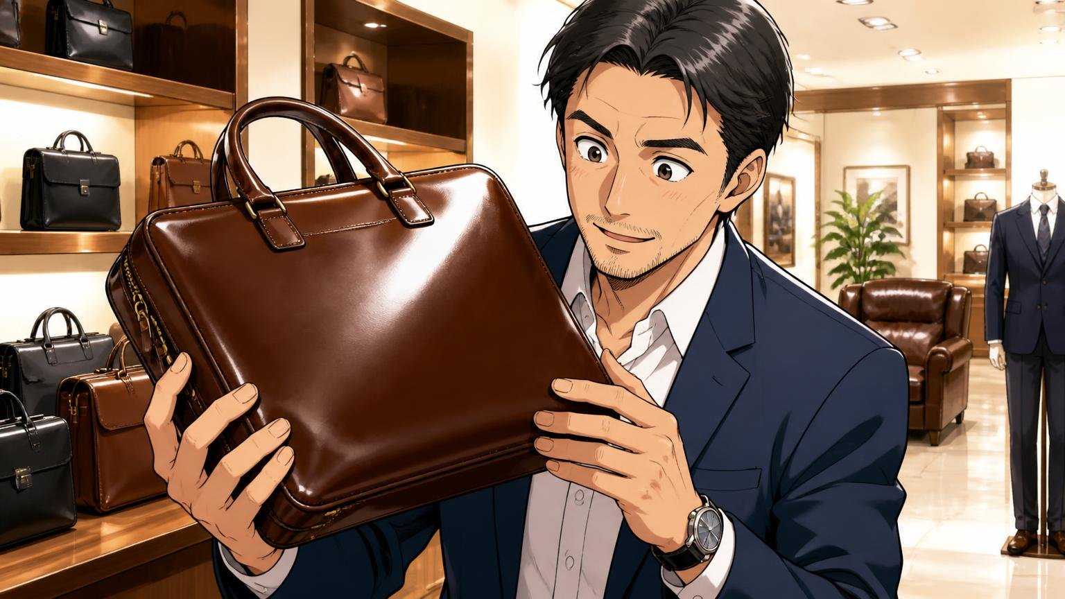 ショールームで重さと革の艶を手に取って確かめる ショールームで革のビジネスバッグを手に取る40代男性1人が革の艶に見とれる場面