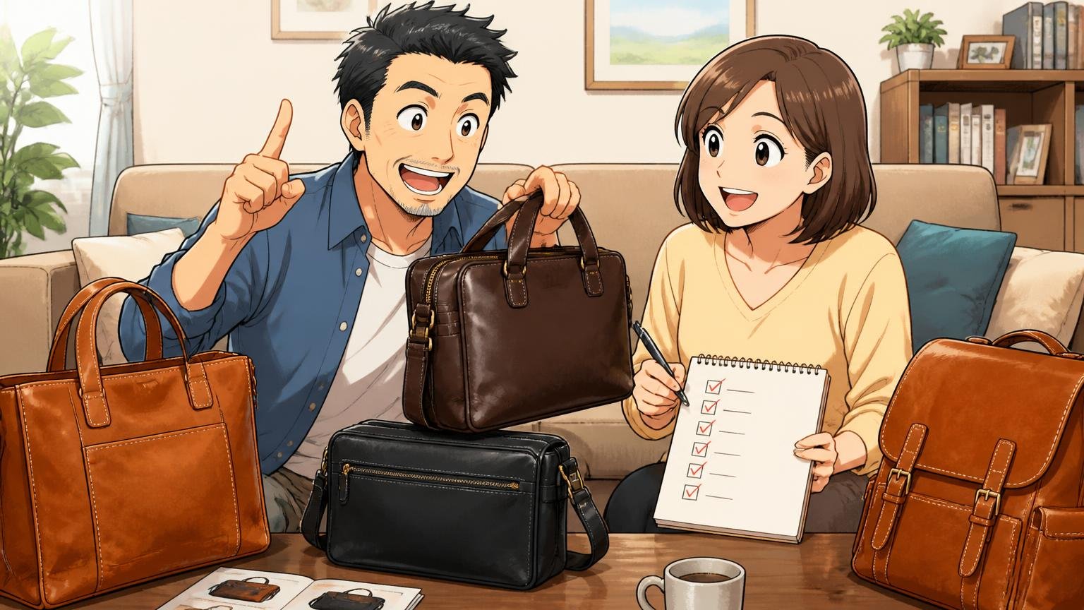 購入前に確認する5ステップ。自宅のリビングでチェックリストを書きながら革バッグ選びを相談する40代男性と30代女性の前向きな場面