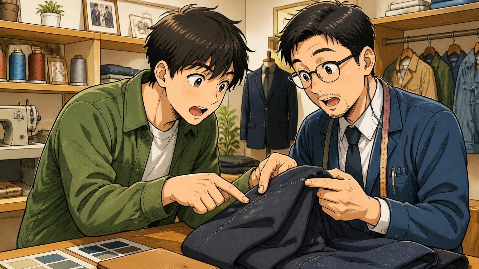 生産国・縫製・修理対応を、公式サイトとショールームで確かめる ショールームで店員1人と客1人が縫い目を指さしながら話す場面
