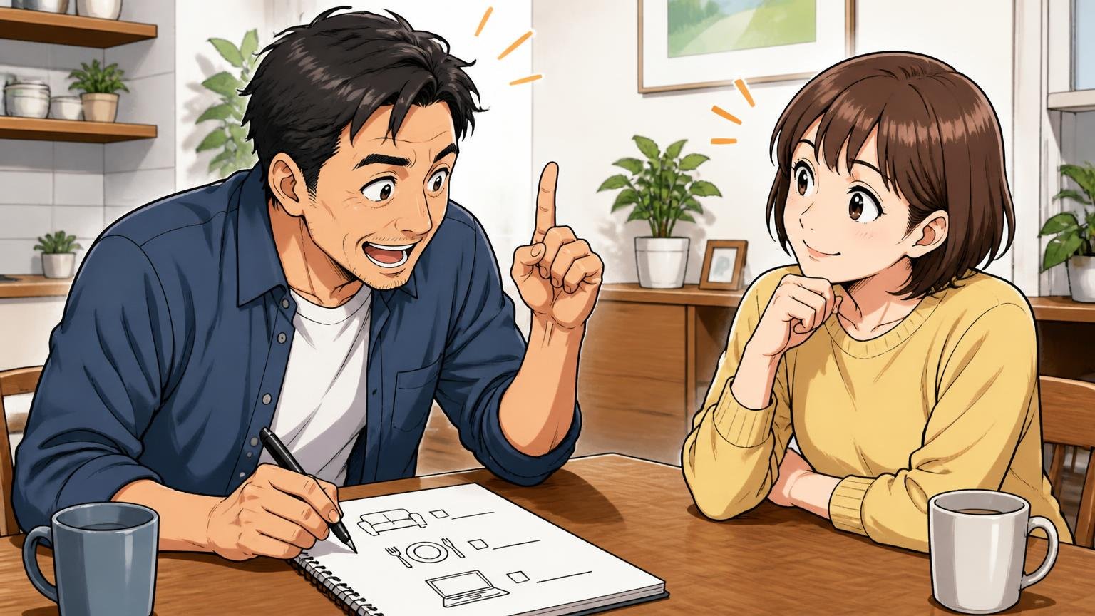 迷ったら：用途を決めて実物を見る3ステップ。ダイニングテーブルでメモ帳に用途を書き出す40代男性1人と隣で頷く30代女性1人が話す場面