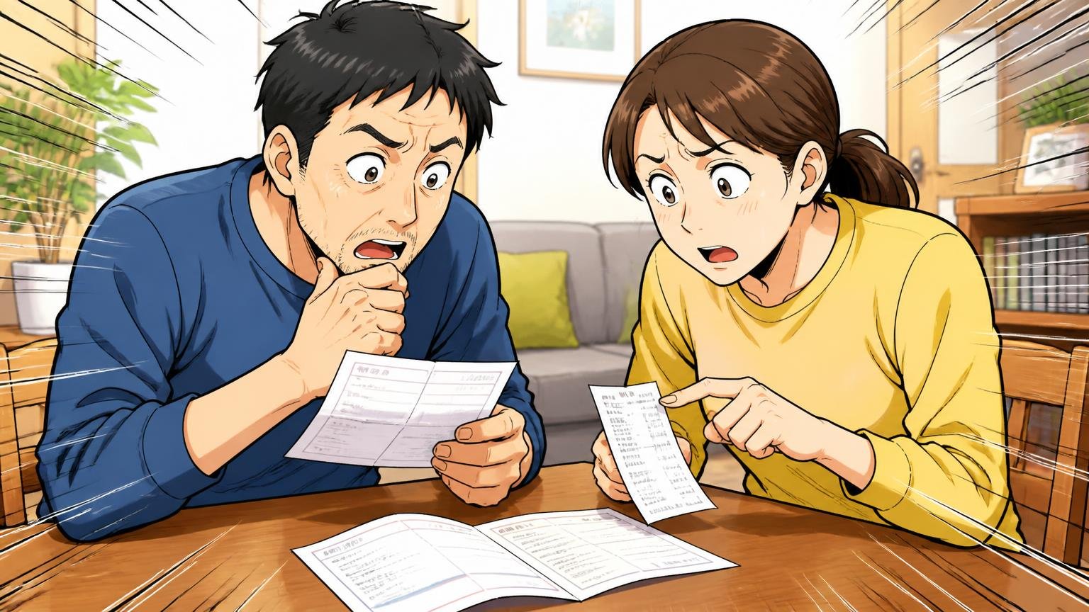 STEP3 保証書・返品条件を確認してから決める。自宅のテーブルで40代男性と30代女性が保証書とレシートを並べて確認する場面