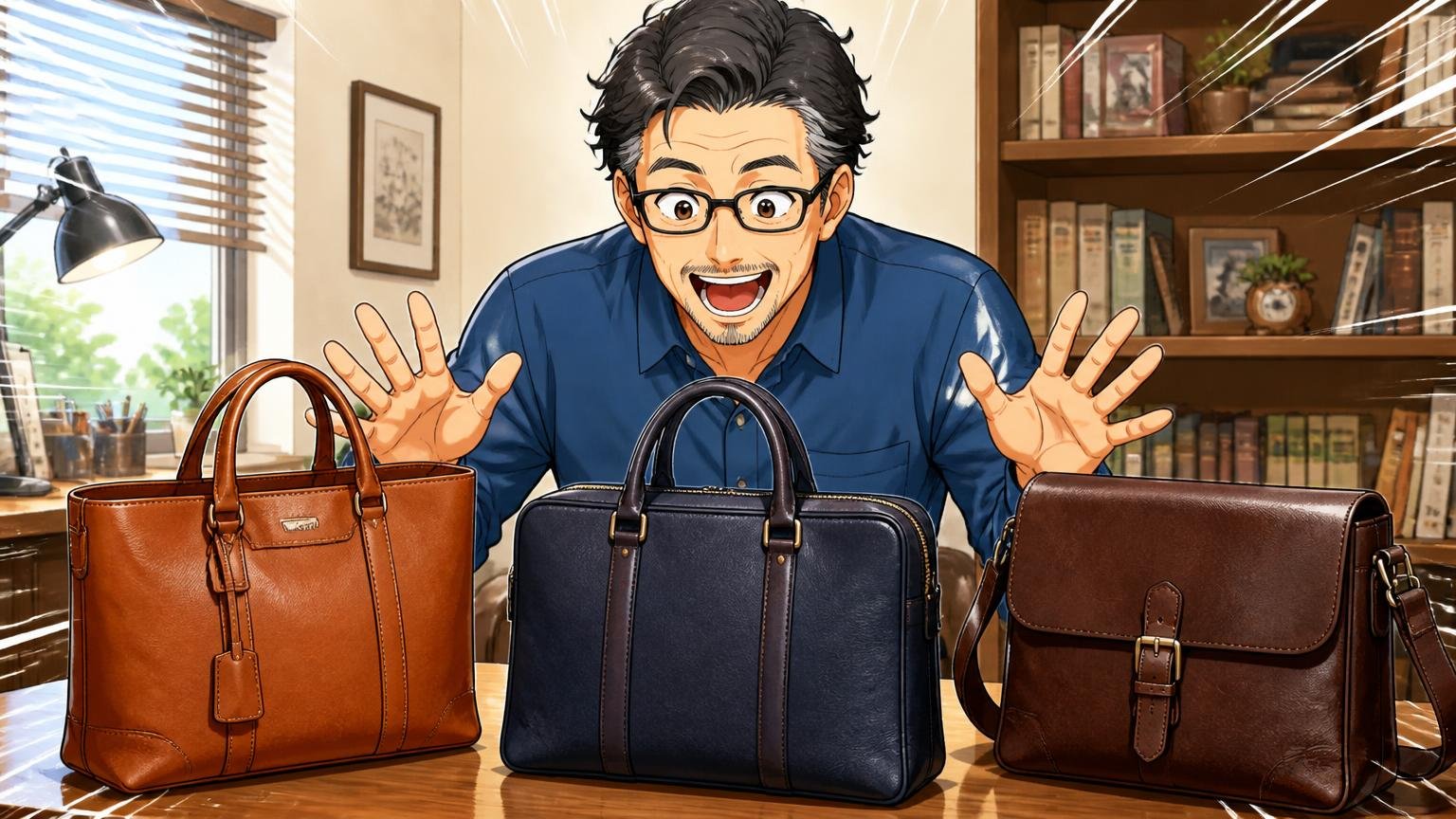 シフレの評判を調べた40代が次に見比べたい、日本製の革バッグブランド3選自宅の書斎で3つの革バッグを机に並べて見比べる40代男性1人が目を輝かせる場面