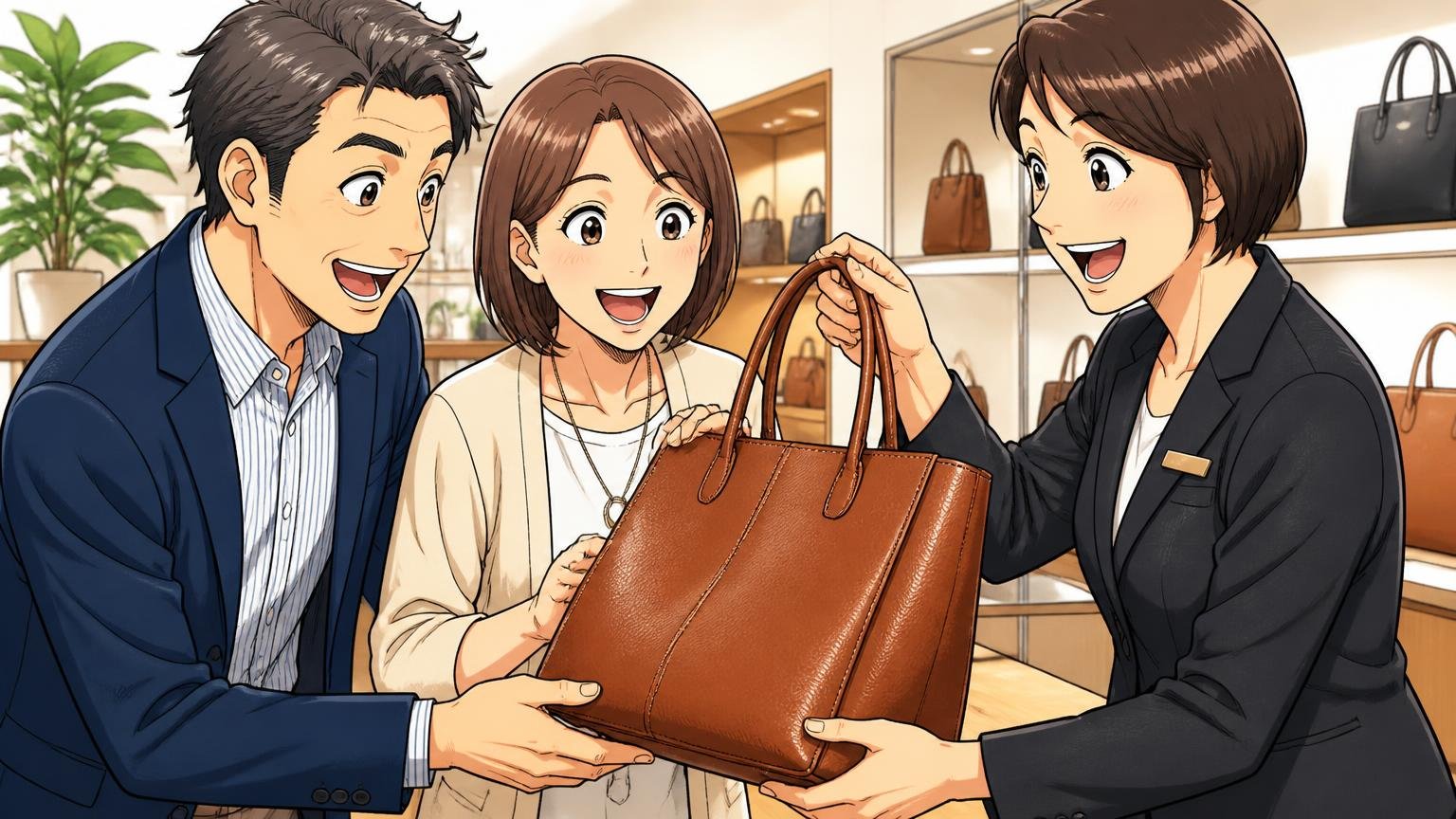 公式サイトとショールームで実物を確かめる ショールームで店員と一緒に革のバッグの重さとハリを確かめる場面 40代夫婦と店員の3人が笑顔