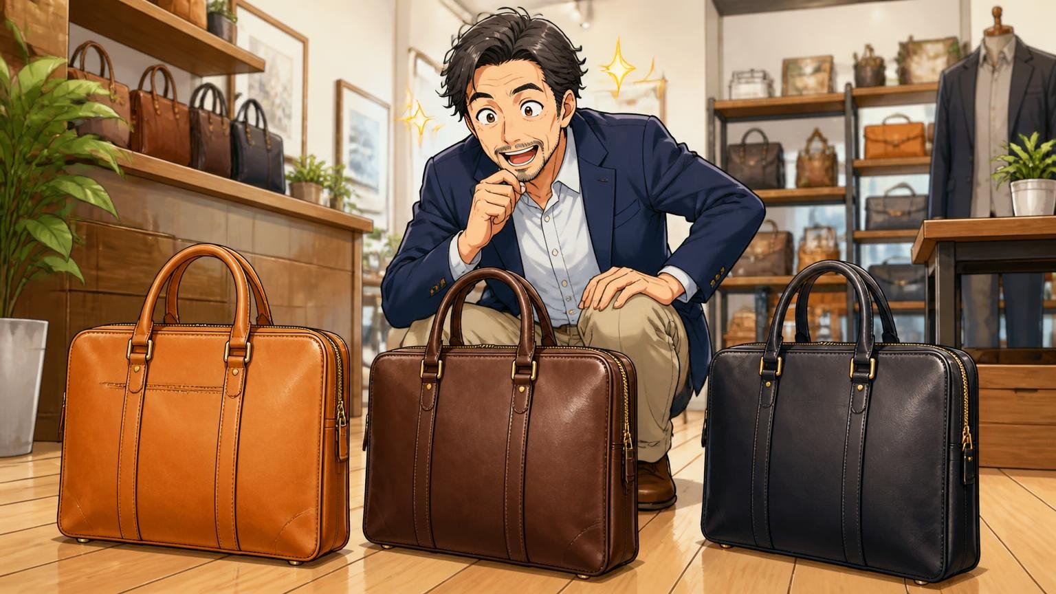 床に置いても倒れない設計で選ぶ、日本製の革バッグブランド3選、明るい革製品の店で床に並んで立つ革のビジネスバッグを、40代の男性が目を輝かせて見比べる場面