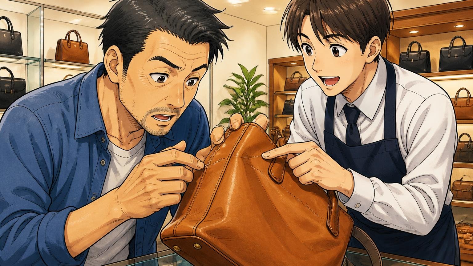 判断軸④修理まで相談できるか、価格帯に無理がないか ショールームで店員から修理の説明を受けながら革のバッグの縫い目を確かめる40代男性と店員の2人