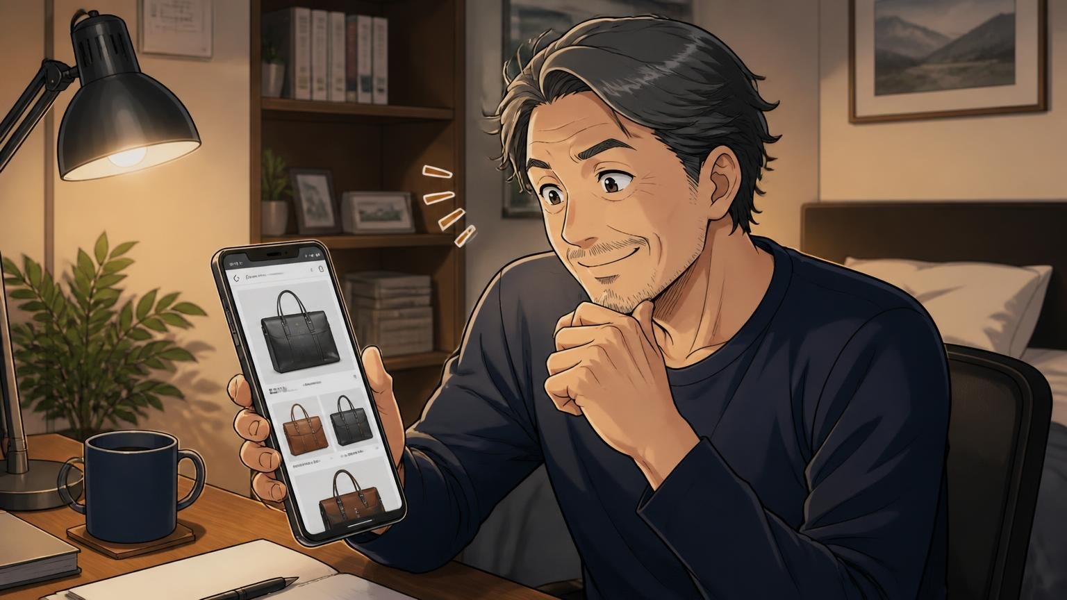 6000円で十分を卒業したい40代へ 夜の自室で日本製の革バッグの公式サイトを見比べる場面 40代男性1人が晴れやかな表情でうなずく