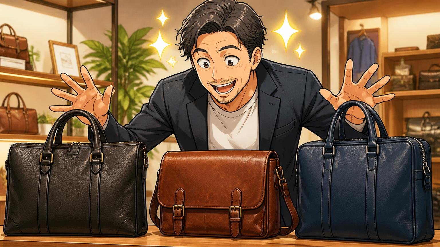 評判を読み比べたあとに並べて比べたい、日本製メンズ革バッグブランド3選、ショールームで3つの革バッグを見比べる40代男性が目を輝かせる場面