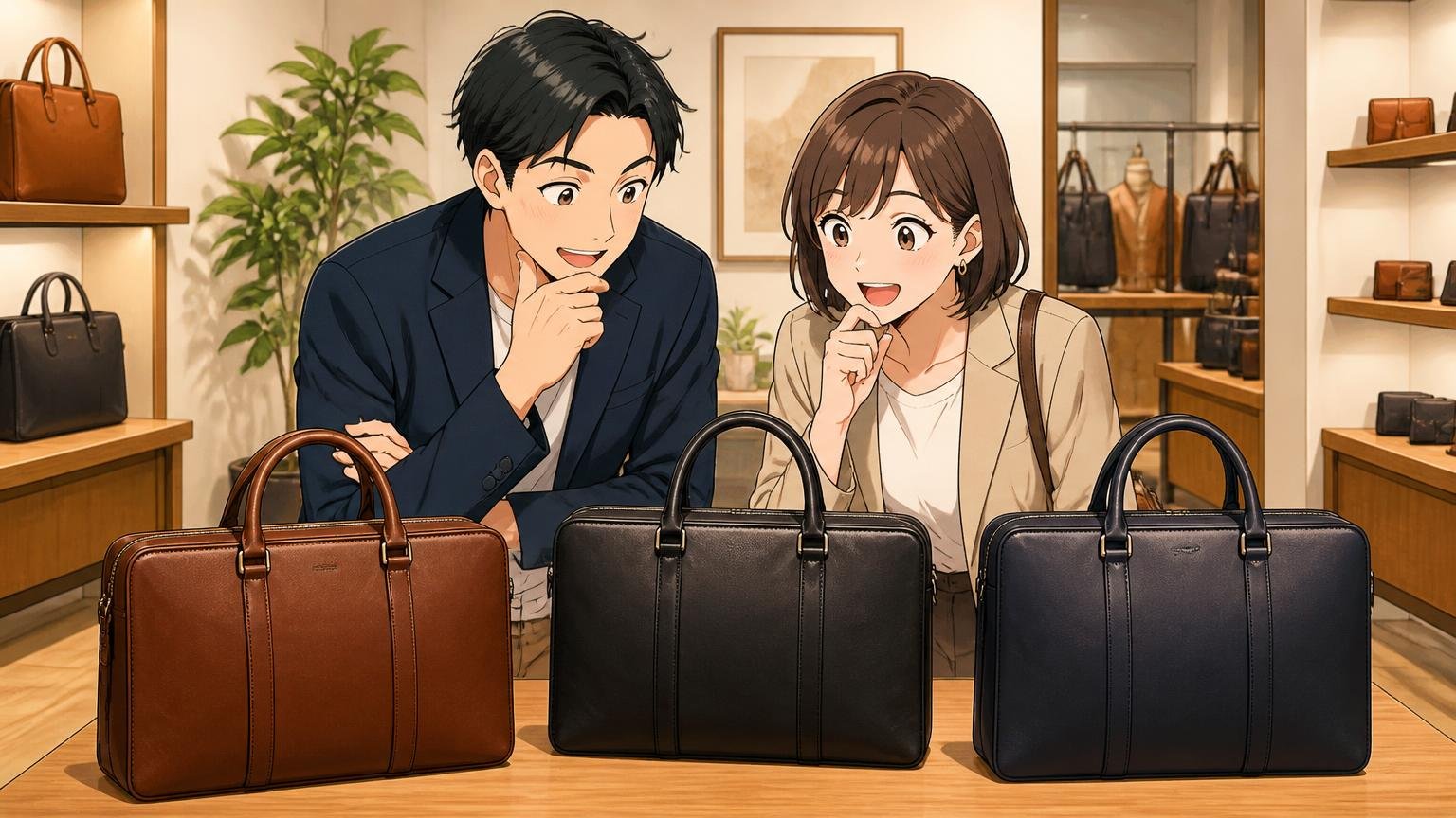 マグナスと見比べたい、ロゴを主張しない日本製の革バッグブランド3選 革製品のショールームで夫婦が並んだ三つの革ビジネスバッグを見比べ、楽しそうに相談する場面