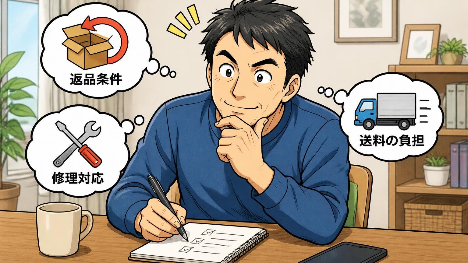 ステップ4|返品・修理・送料の条件を確かめてから決める、自宅のダイニングで条件をメモしながらうなずく40代男性1人