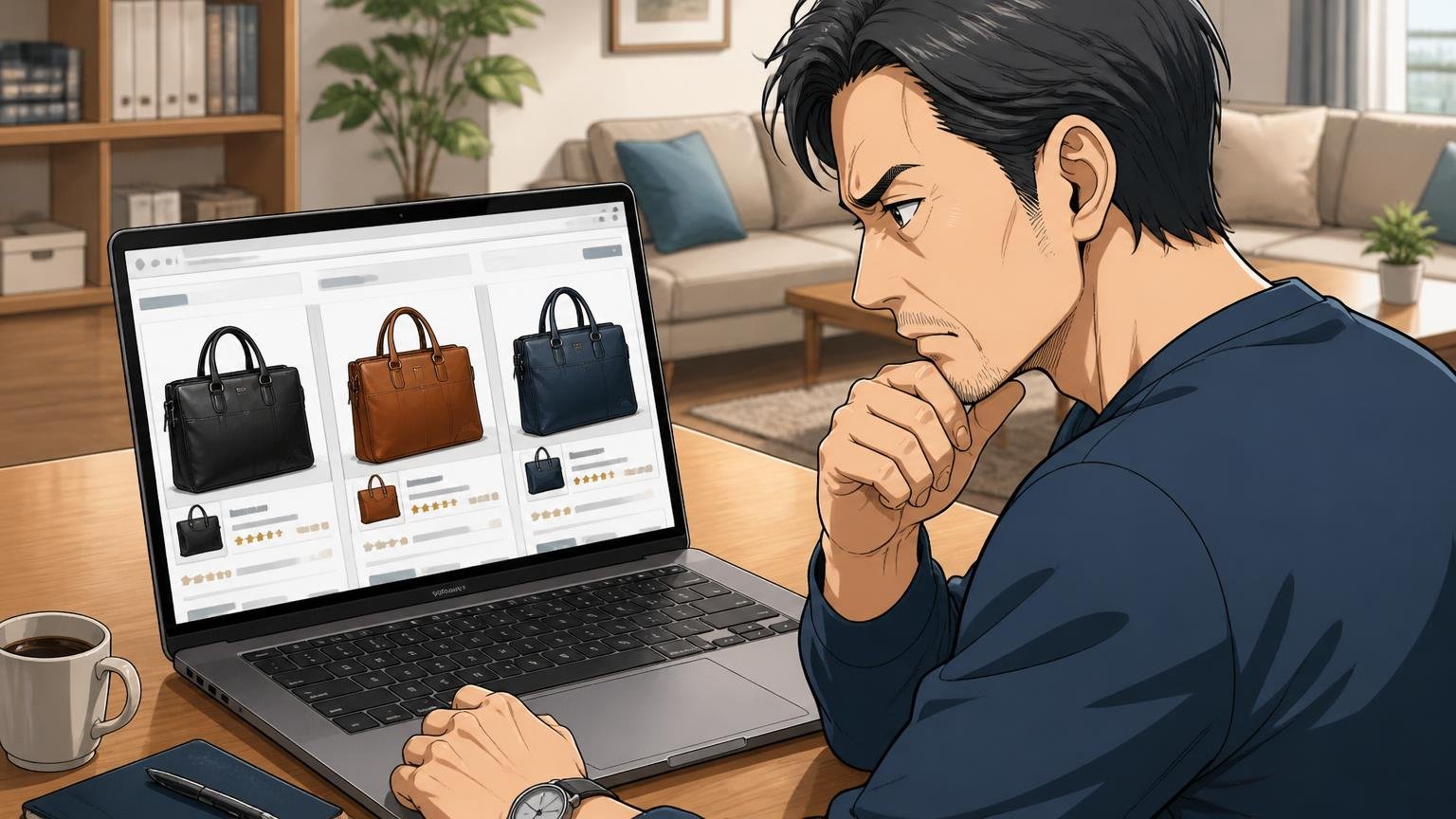 価格帯の違う日本製ブランドと見比べる 自宅のリビングでノートパソコンに複数の革バッグの商品ページを並べる40代男性1人が真剣に比べる場面