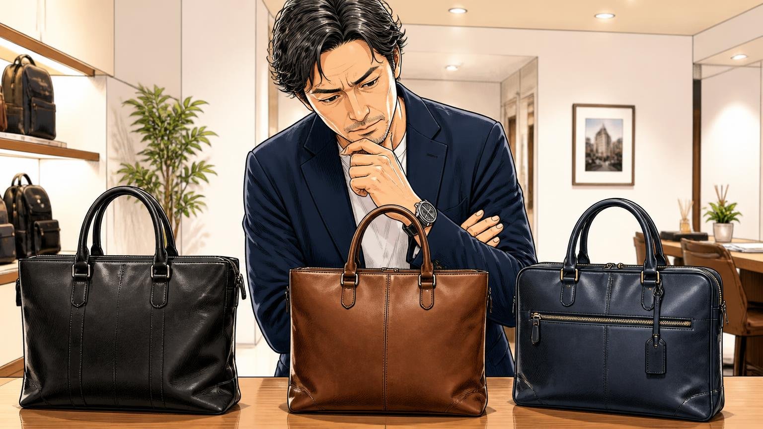 タケオキクチの評判を調べ尽くした40代が、最終候補に並べたい日本製の革バッグブランド3選、ショールームで3本の革バッグを並べて見比べる40代男性1人