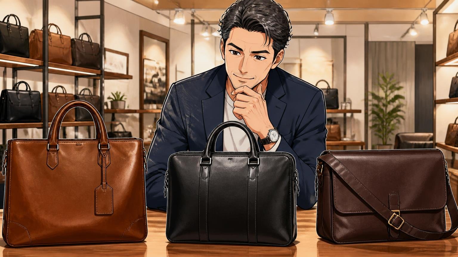 評判を調べ尽くした40代が最終候補に並べたい、日本製の革バッグブランド3選 ショールームで3つの革バッグを並べて見比べる40代男性1人が納得の表情を浮かべる場面