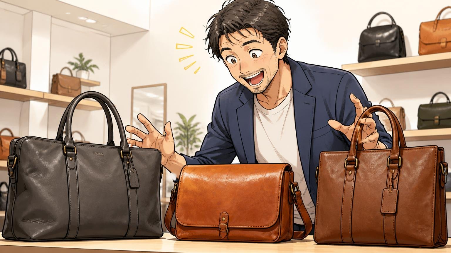 ロゴで語らない1本を探す40代が候補に入れたい、日本製の革バッグブランド3選 明るいショールームで3つの革のバッグを見比べて目を輝かせる40代男性1人