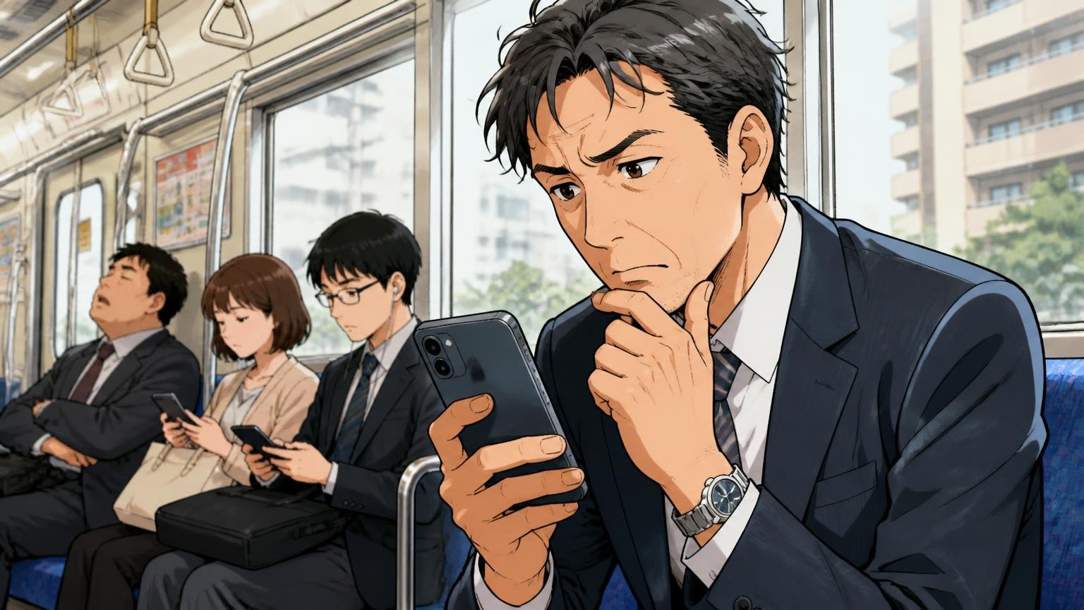 口コミは「使用年数・用途・モデル」の3点で読み分ける 通勤電車の座席でスマホの口コミを読む40代男性1人が考え込む場面