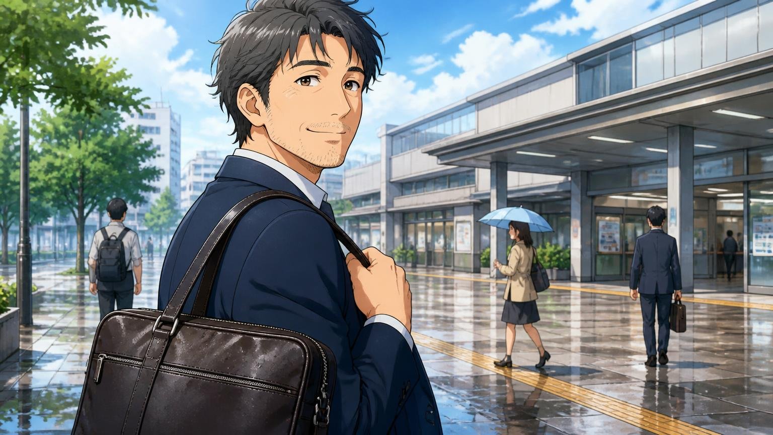 雨の日も「このバッグでよかった」と思える1本を、自分のタイミングで、雨上がりの駅前で40代男性1人が深い色の革のビジネスバッグを肩にかけ穏やかに微笑む場面
