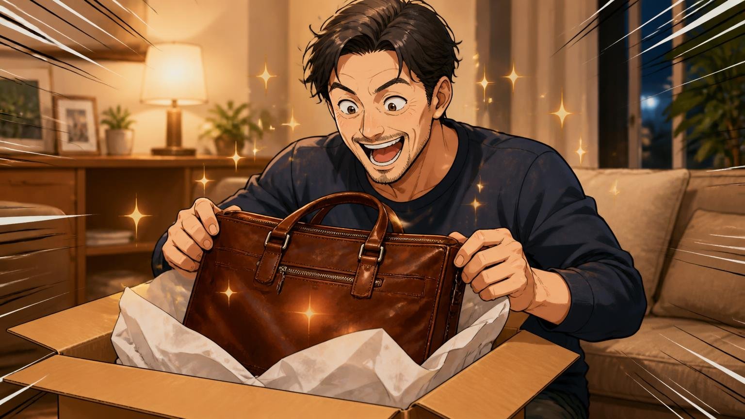 評判を調べ尽くした40代が、最後に候補に残したい日本製メンズ革バッグブランド、夜のリビングで届いた革バッグの箱を開け満面の笑みの40代男性1人