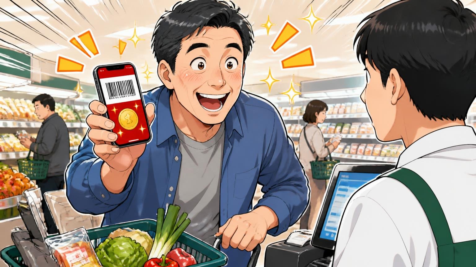 楽天・PayPay（Yahoo!）でポイントを貯めている人は、モールが実質価格で有利 スーパーのレジでスマホのポイント画面を見せて会計する40代男性1人