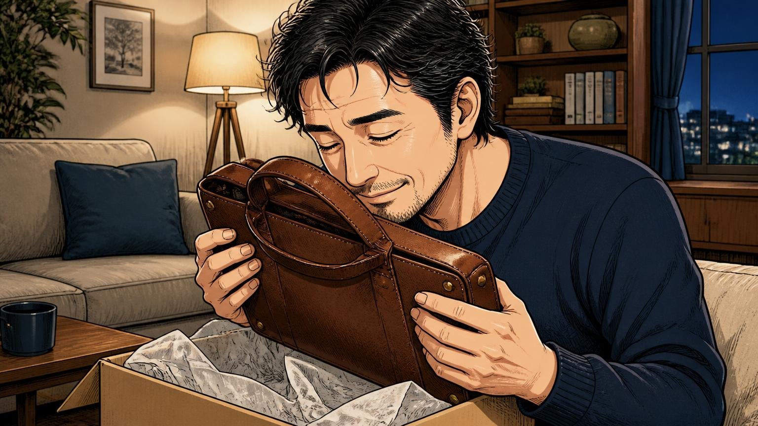 評判を調べ尽くした40代が最終候補に残したい、日本製メンズ革バッグブランド3選　夜のリビングで届いた革バッグの箱を開けて香りに目を細める40代男性1人