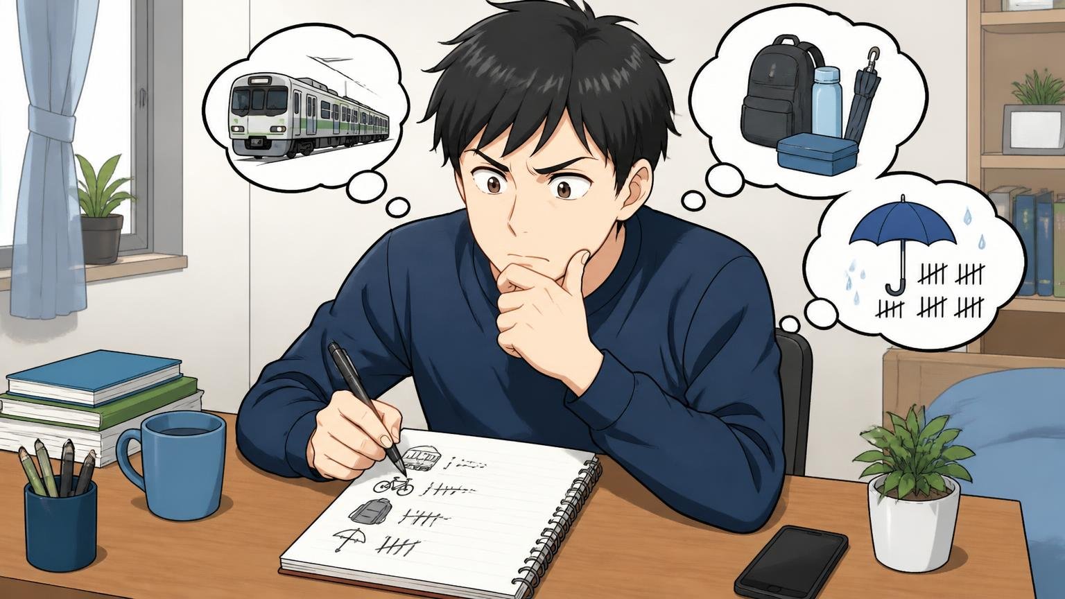 ステップ1：通勤手段・荷物・雨の日の回数を書き出す 自宅の机でメモ帳に通勤手段と荷物を書き出す男性1人