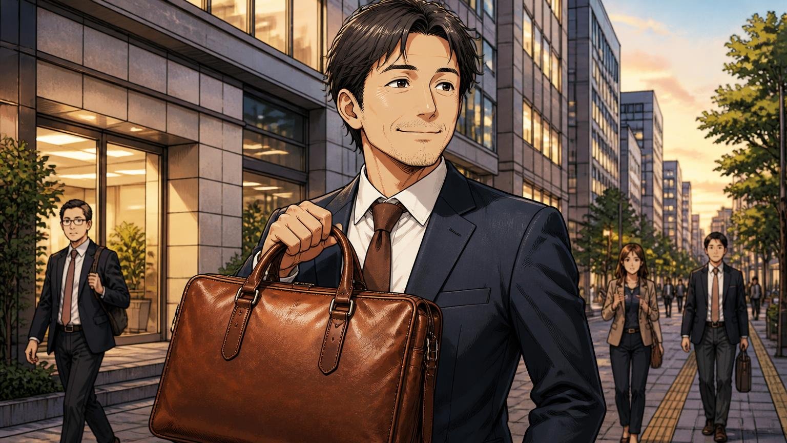 10年先も「買ってよかった」と思える1本を、日本製の革バッグから選ぶなら 夕方のオフィス街で使い込んだ革のビジネスバッグを手に微笑む40代の男性1人