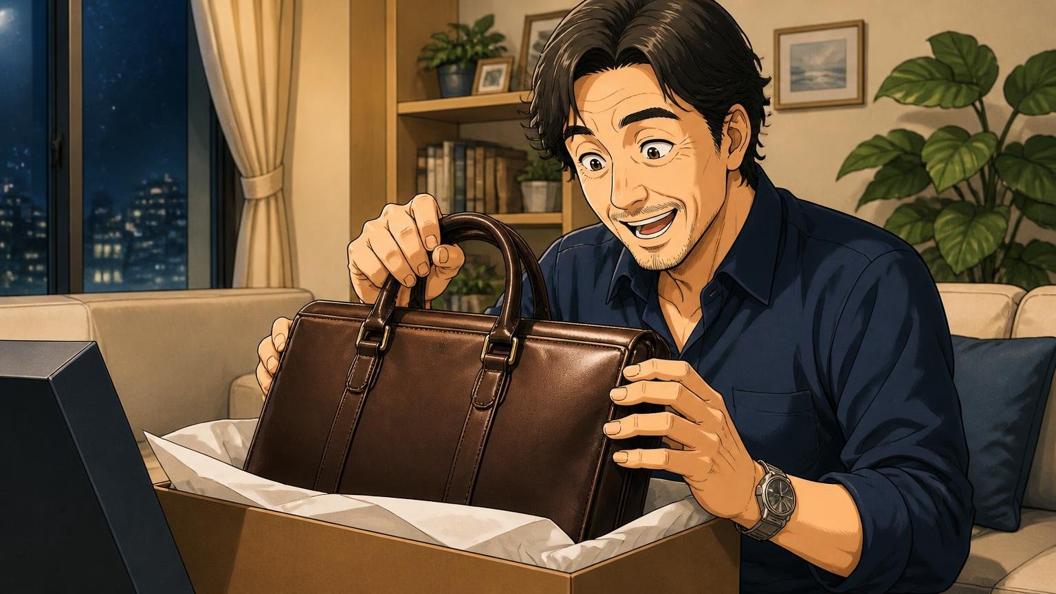 評判を調べ尽くした40代が最終候補に残したい、日本製の革バッグブランド 夜の自宅で届いた革のビジネスバッグの箱を開けて微笑む40代男性1人