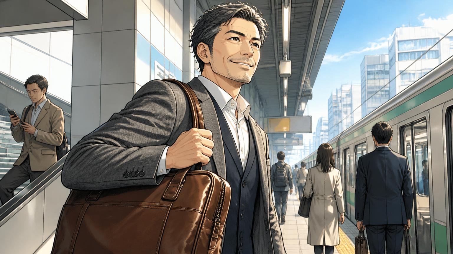 10年先もPCを入れて持ち歩きたい人へ｜まず比べておきたい日本製メンズ革バッグブランド3選 朝の駅で革バッグを手に歩く場面、40代男性1人、自信に満ちた笑顔