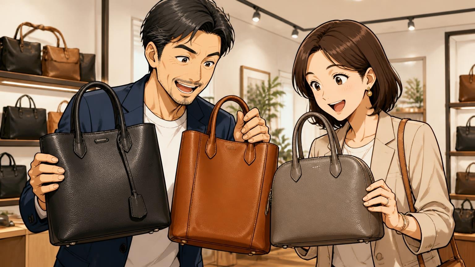 日本製3ブランドを見比べる、革バッグのショールームで3つのバッグを手に取り見比べて笑顔になる40代男性と妻
