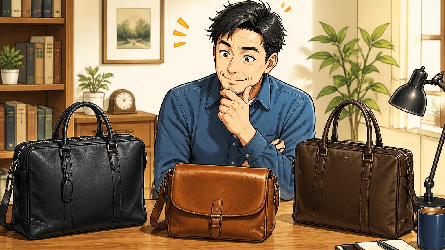 用途と予算で選び直した40代が最終候補に残したい、日本製の革バッグブランド3選、自宅の机で3つの革バッグを前に笑顔で頷く40代男性の場面