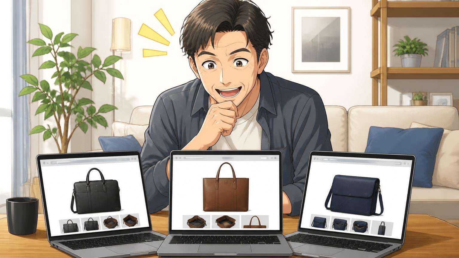 トライオンと迷った40代が最終候補に残した、日本製メンズ革バッグブランド3選 自宅のリビングでノートPCに公式サイトを並べて比べる場面 40代男性1人 晴れやかな表情